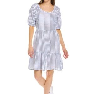 Beach Lunch Lounge Linen Blend Tiered Stripe Blue Women Dress, size XS